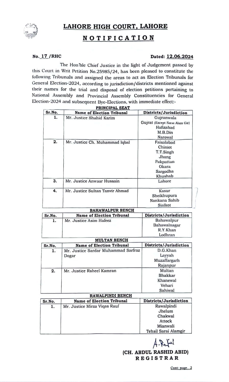 Lahore High Court Notification to form 6 election tribunals in punjab